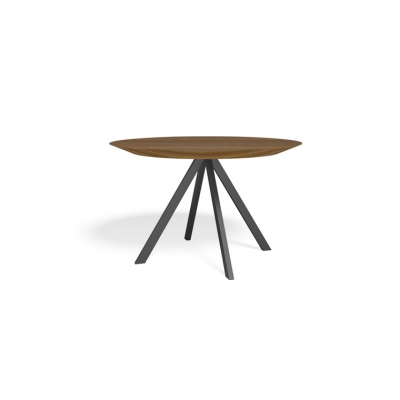 שולחן פינת אוכל עגולה קטנה עם פלטה איכותית בצבע אגוז אמריקאי ורגליים שחורות עשויות מתכת