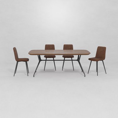 שולחן פינת אוכל נפתחת בצבע אגוז אמריקאי עם 6 כסאות דמוי עור כאמל